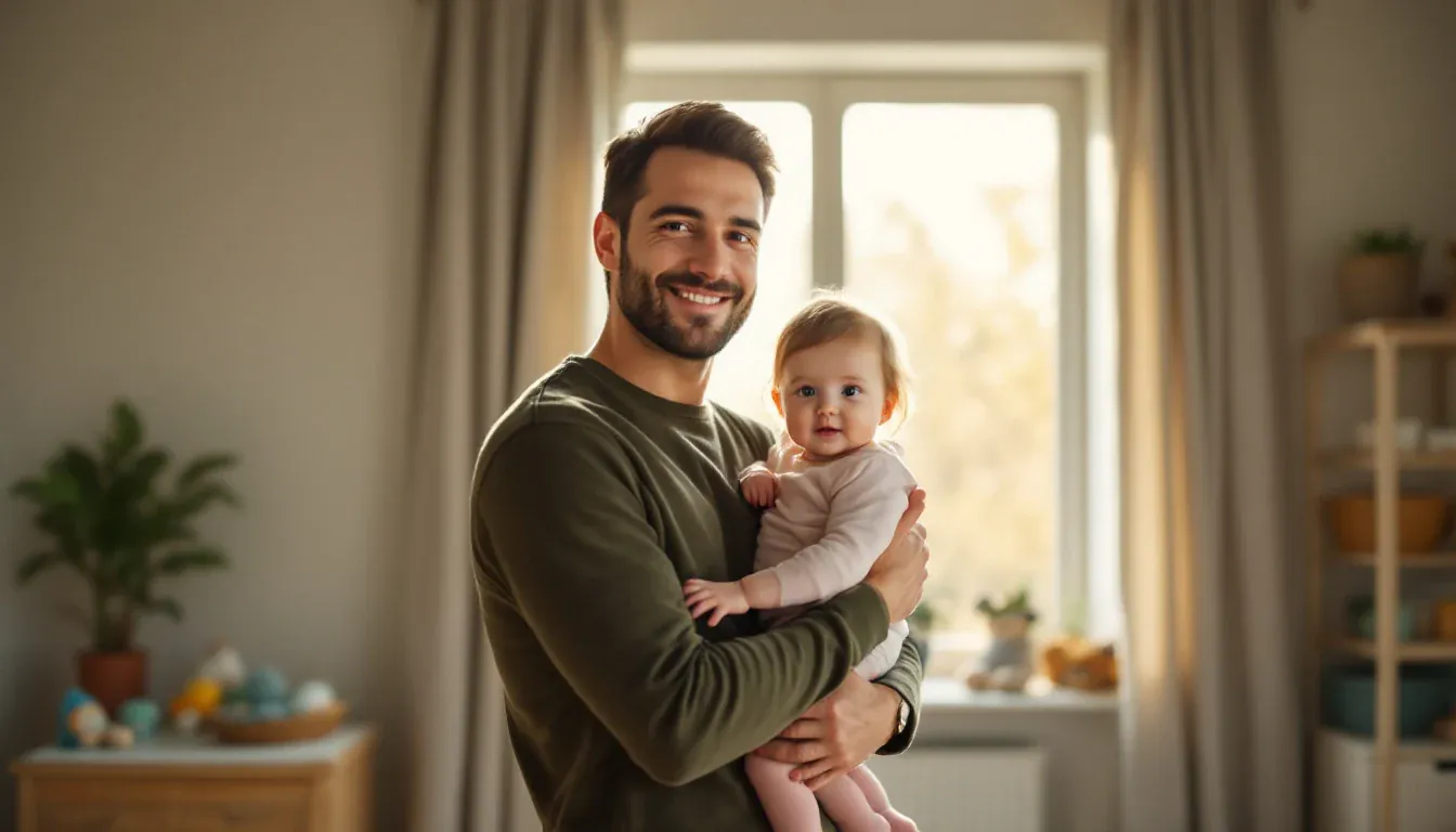Ein junger Vater hält seine kleine Tochter auf dem Arm, beide stehen vor einem großen hellen Fenster in einem schlicht eingerichteten Kinderzimmer und schauen in die Kamera.