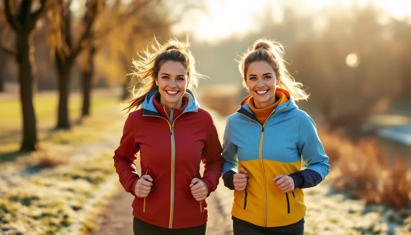 Zwei Frauen in bunten Laufjacken joggen an einem frostigen Wintermorgen einen sonnigen Weg am Fluss entlang und lächeln in die Kamera.