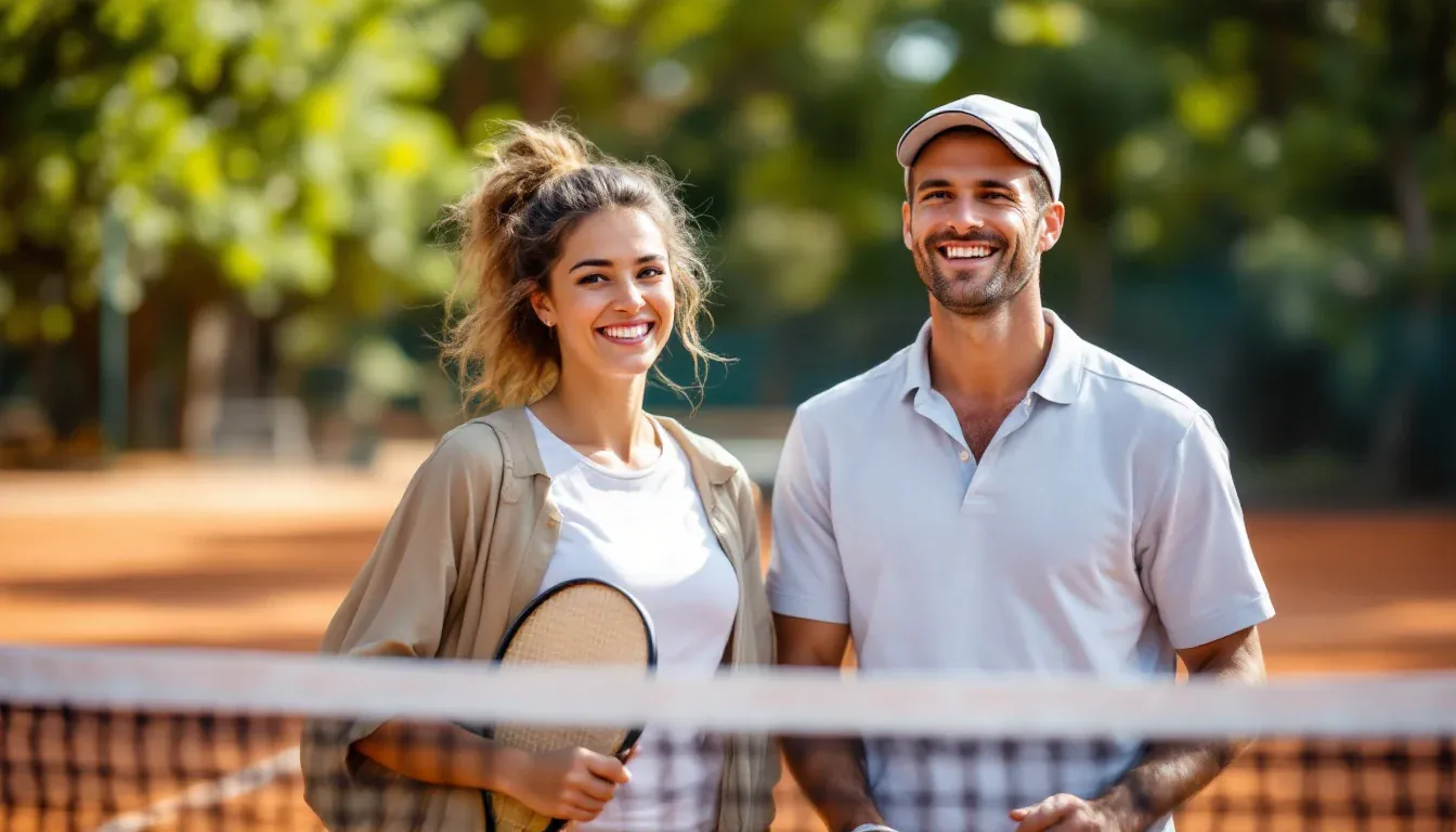 Eine junge Frau und ein junger Mann stehen mit Tennisschlägern am Netz eines sonnigen Sandplatzes und lachen in die Kamera.