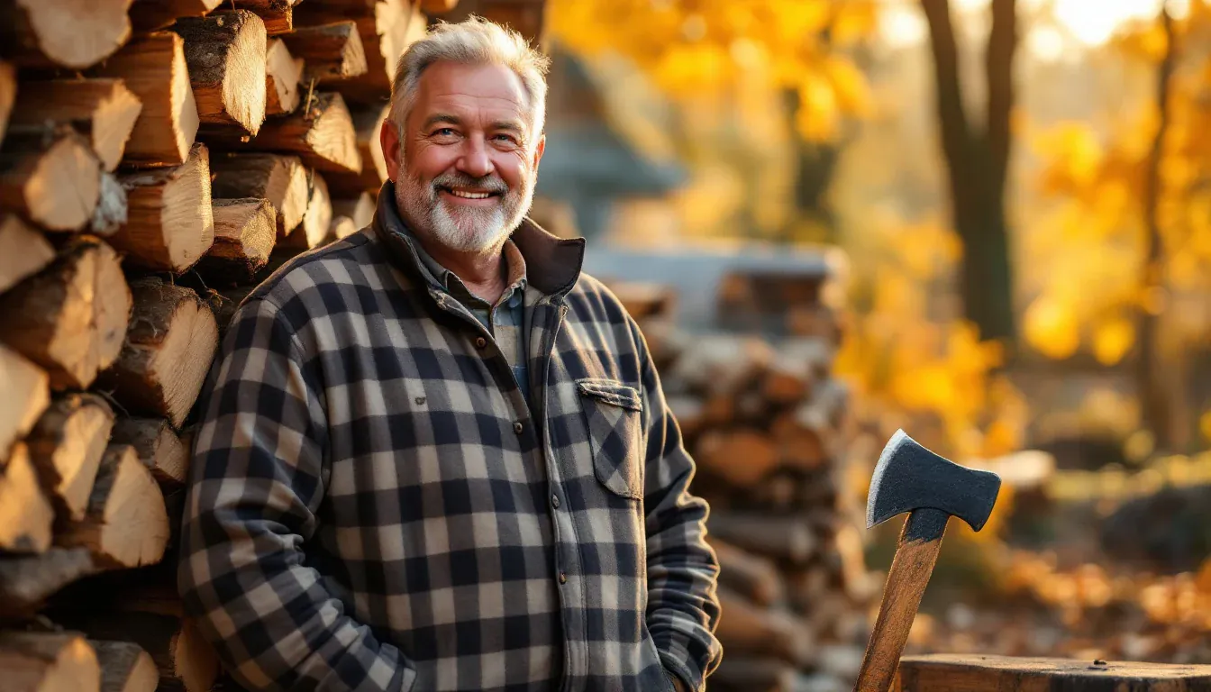 Ein Mann in den Fünfzigern steht im karierten Arbeitshemd vor einem Stapel frisch gespaltenen Brennholzes im Herbstlicht und lächelt in die Kamera.