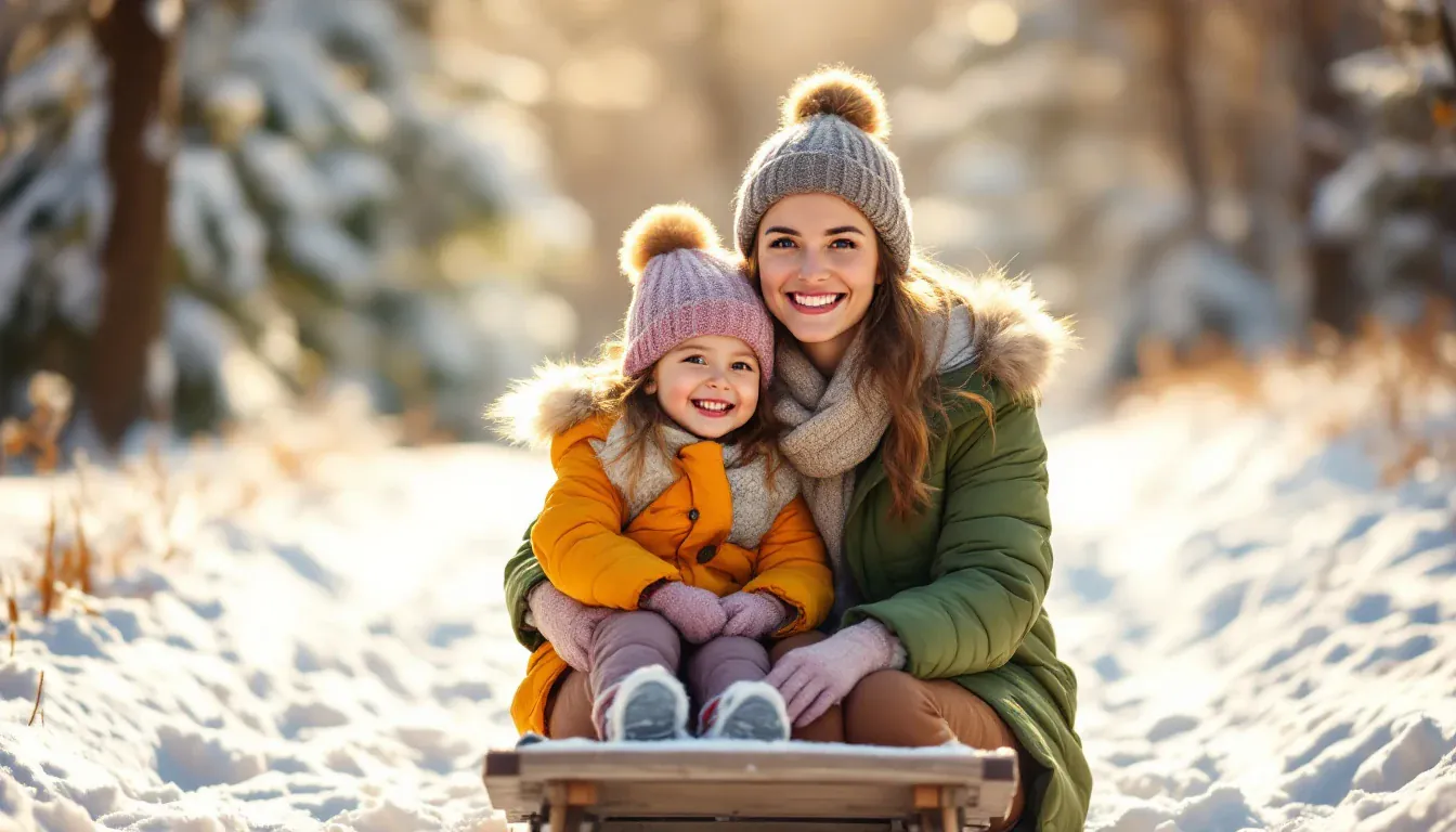 Eine Mutter und ihre kleine Tochter sitzen in Wintersachen auf einem Holzschlitten im verschneiten Park und lachen in die Kamera.
