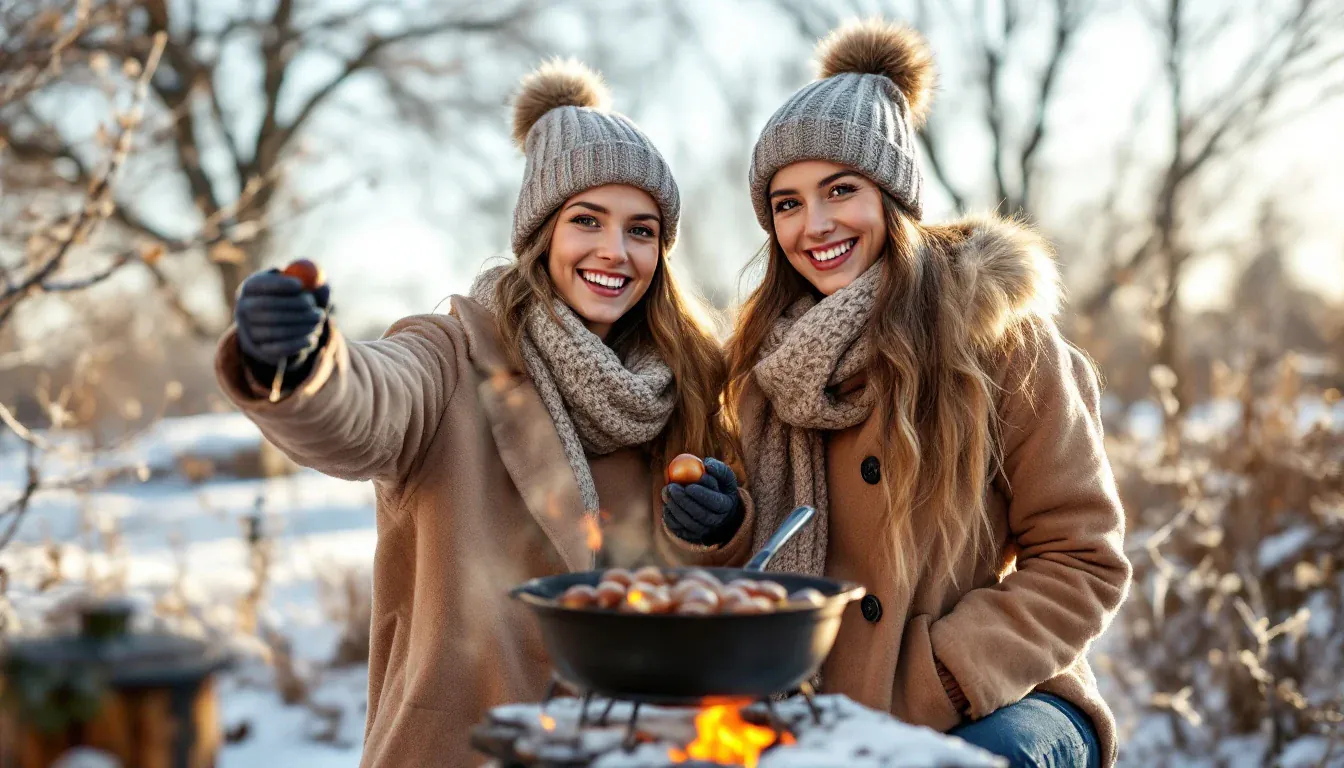 Zwei junge Frauen mit Wollmützen rösten in einem verschneiten, sonnigen Garten Maronen in einer Eisenpfanne über offenem Feuer und lachen in die Kamera.