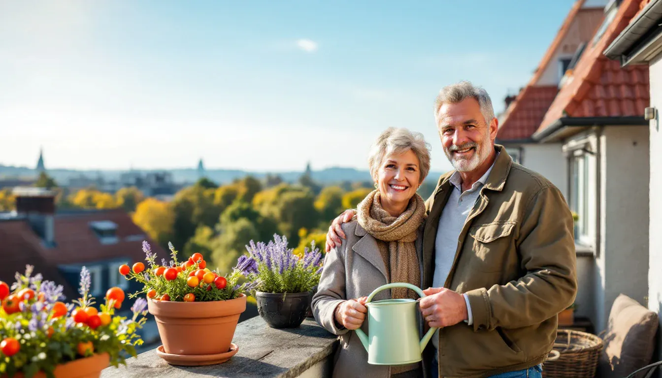 Ein Paar um die sechzig steht auf einer sonnigen Dachterrasse über den Dächern einer Stadt im Herbst, zwischen Tontöpfen mit Tomaten und Lavendel, sie hält eine Gießkanne, beide lächeln in die Kamera.
