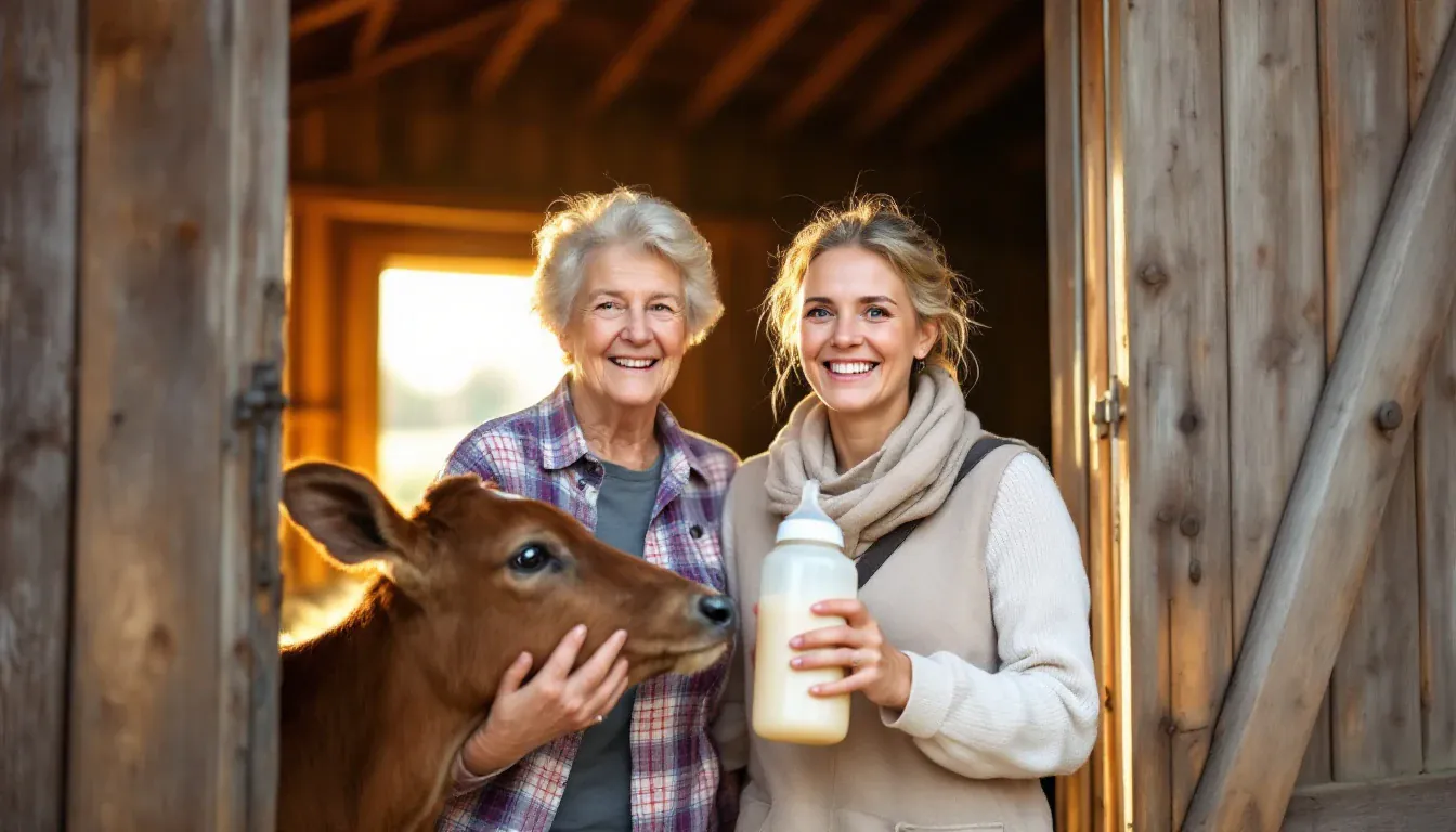 Eine ältere Frau und eine junge Frau mit einer Milchflasche stehen im Tor einer sonnigen Holzscheune neben einem braunen Kalb und lächeln in die Kamera.