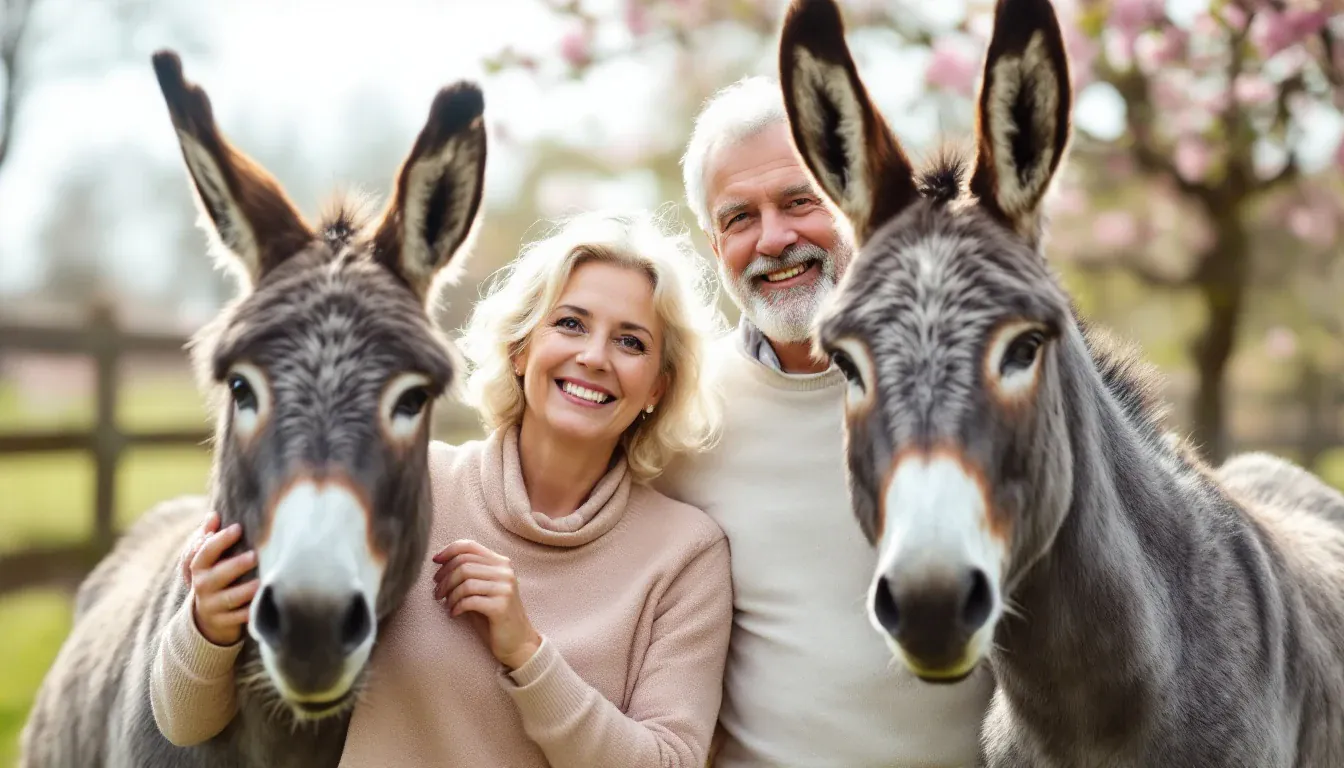 Eine Frau und ein Mann um die sechzig stehen auf einer Frühlingsweide zwischen zwei grauen Eseln und lächeln in die Kamera.