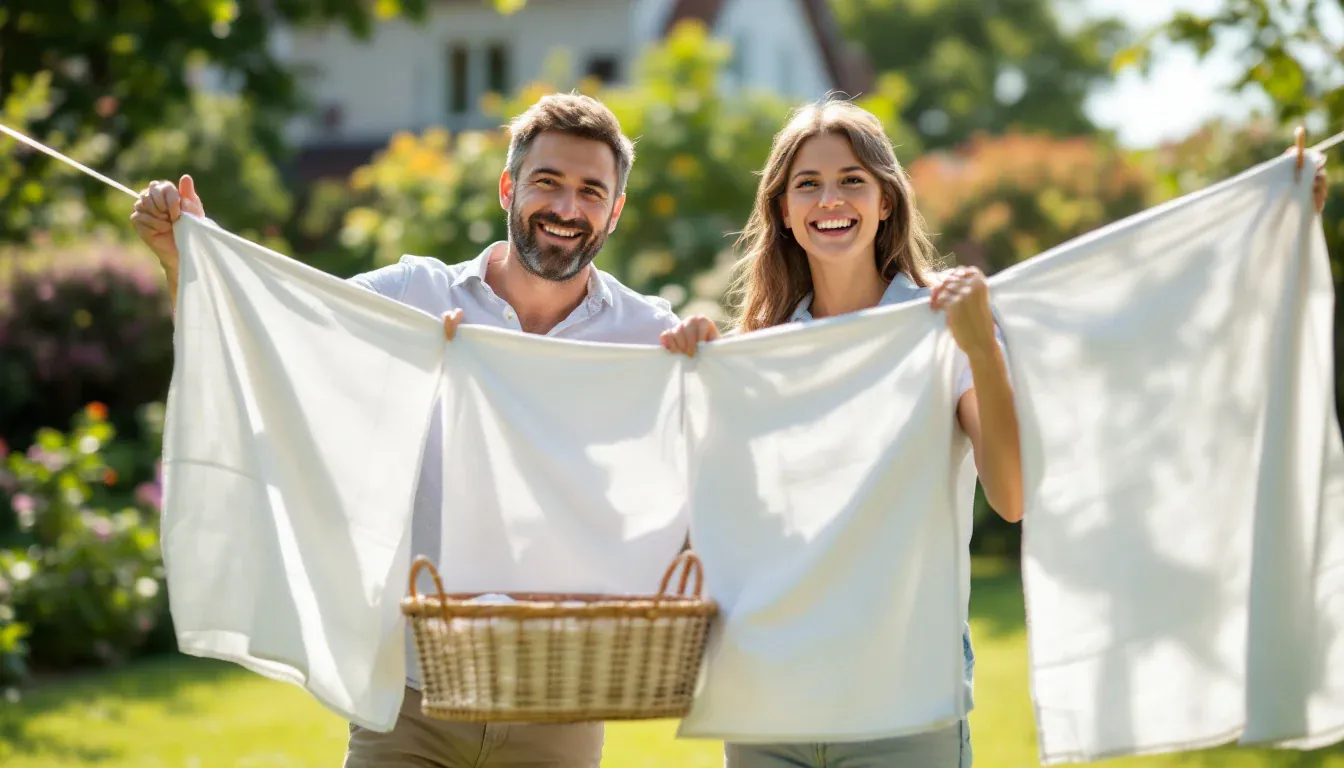 Ein Bruder und eine Schwester um die vierzig hängen im sonnigen Garten eines alten Familienhauses weiße Laken auf, vor ihnen ein Wäschekorb, und lachen in die Kamera.