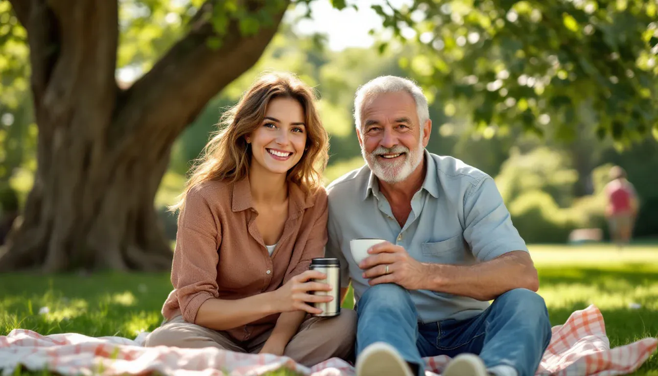 Eine junge Frau und ihr Vater um die sechzig sitzen auf einer Decke im Schatten einer großen Linde, trinken Kaffee aus einer Thermoskanne und lächeln in die Kamera.