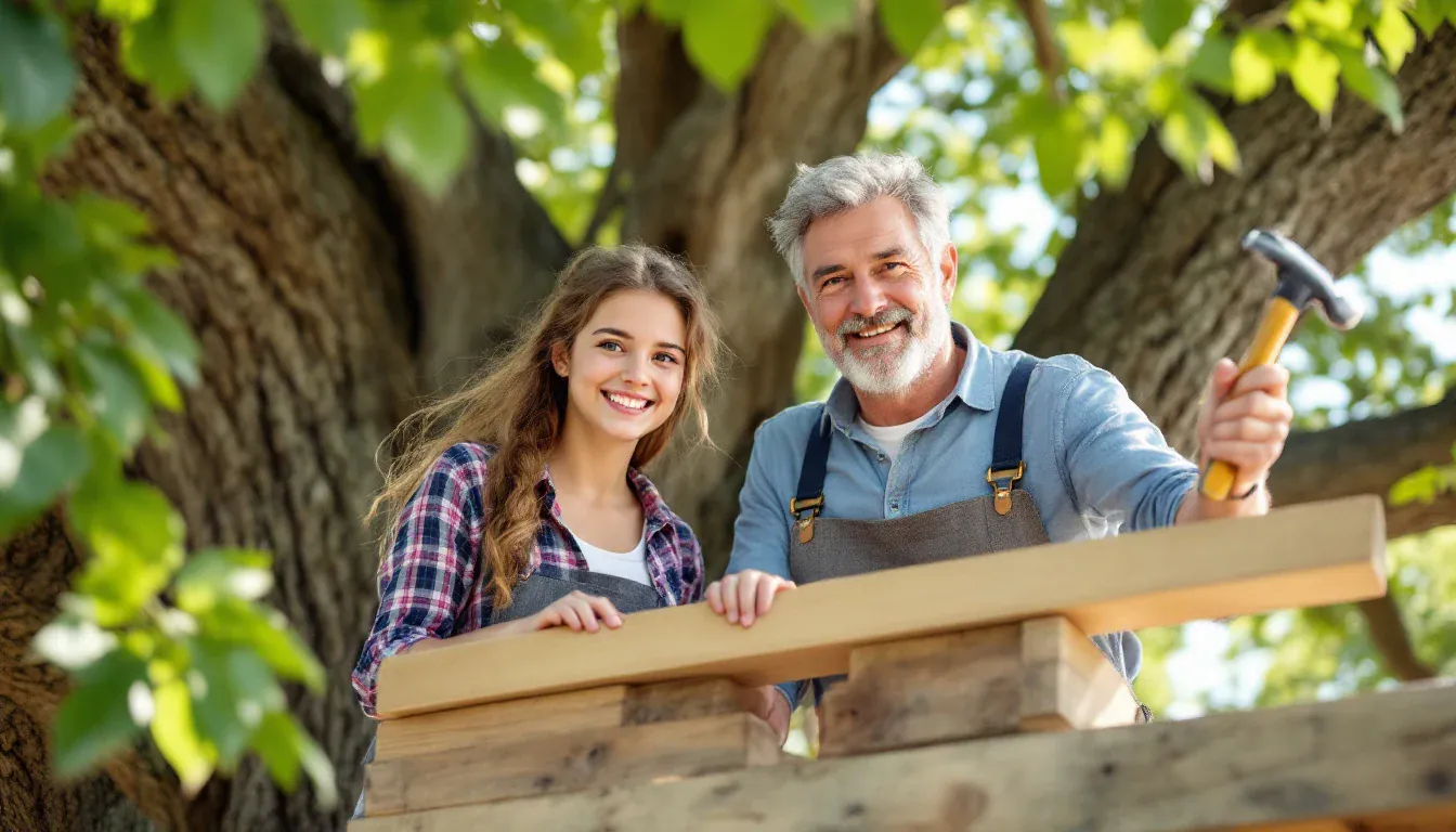 Ein Vater um die fünfzig mit einem Hammer und seine jugendliche Tochter bauen in einer großen Eiche ein Baumhaus aus hellen Brettern und lächeln in die Kamera.