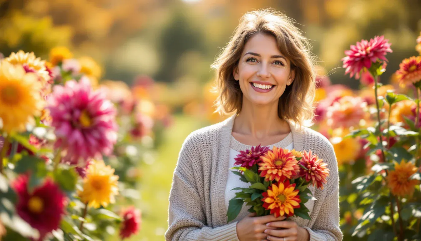 Eine Frau um die vierzig in einer Strickjacke steht in einem sonnigen Herbstgarten zwischen bunten Dahlien, hält einen frisch geschnittenen Strauß und lächelt in die Kamera.