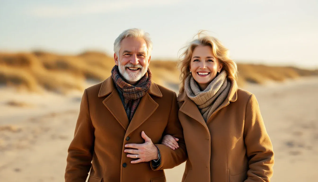 Ein Paar in den Fünfzigern in warmen Mänteln geht Arm in Arm über einen sonnigen Herbststrand vor den Dünen und lächelt in die Kamera.