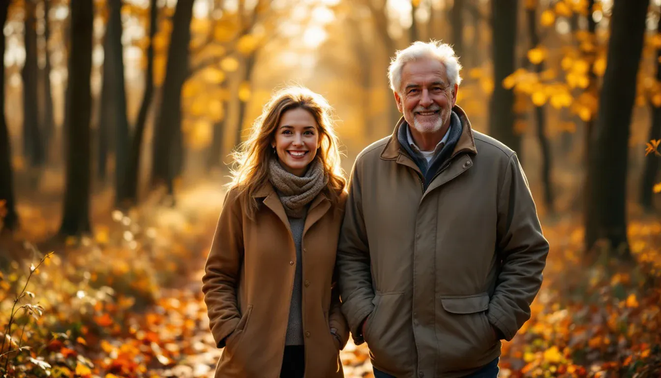Eine Frau und ein Mann in Herbstjacken stehen auf einem sonnigen Waldweg zwischen goldgelb belaubten Buchen und lächeln in die Kamera.