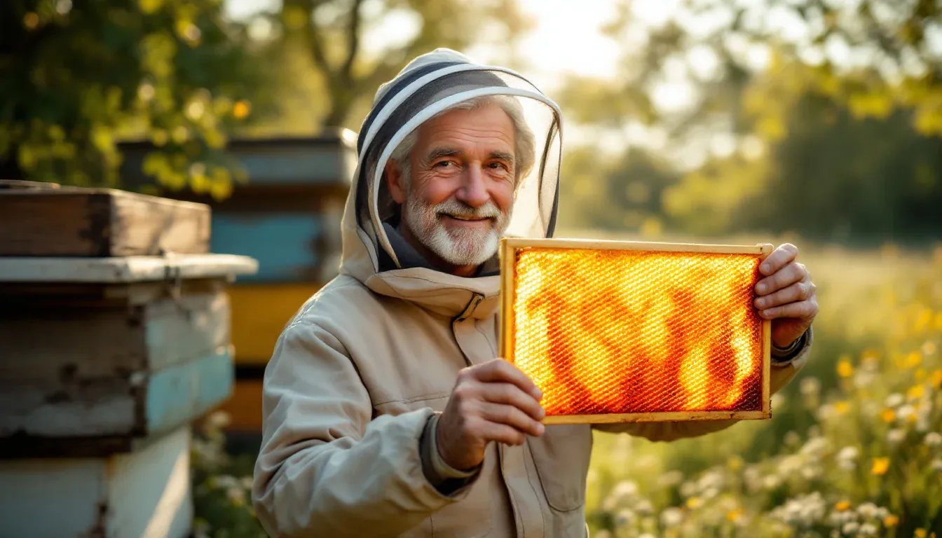 Ein älterer Imker mit zurückgeschlagenem Schleier hält neben seinen Bienenstöcken eine goldglänzende Honigwabe hoch und lächelt in die Kamera.