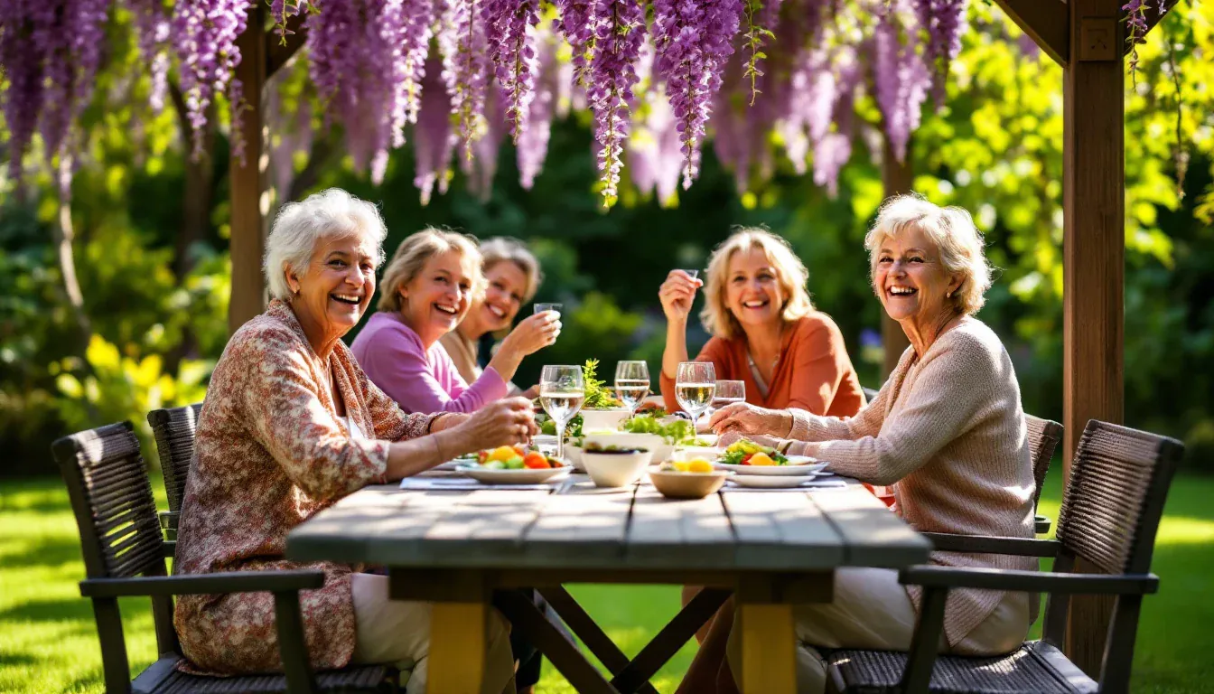 Fünf Frauen sitzen unter einer blühenden Glyzinienpergola beim Mittagessen im Garten und lachen, drei von ihnen in die Kamera.