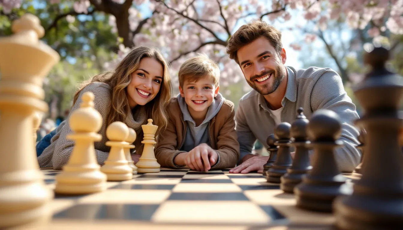 Eine Mutter, ein Vater und ihr Sohn spielen im Park unter blühenden Bäumen auf einem großen Schachbrett und lächeln in die Kamera.