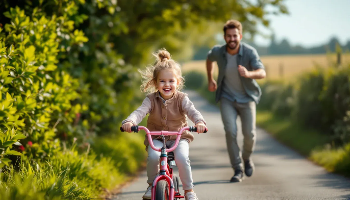 Ein kleines Mädchen fährt lachend mit einem roten Kinderfahrrad einen sonnigen Feldweg entlang, hinter ihr läuft ihr Vater und lacht in die Kamera.