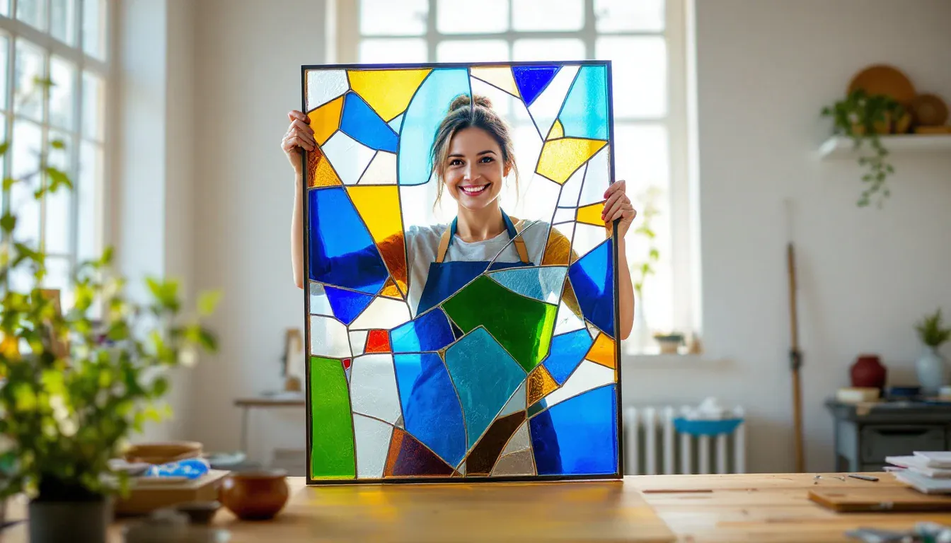 Eine junge Frau in Schürze hält in einem hellen Atelier ein großes buntes Bleiglasfenster hoch und lächelt durch das Glas in die Kamera.