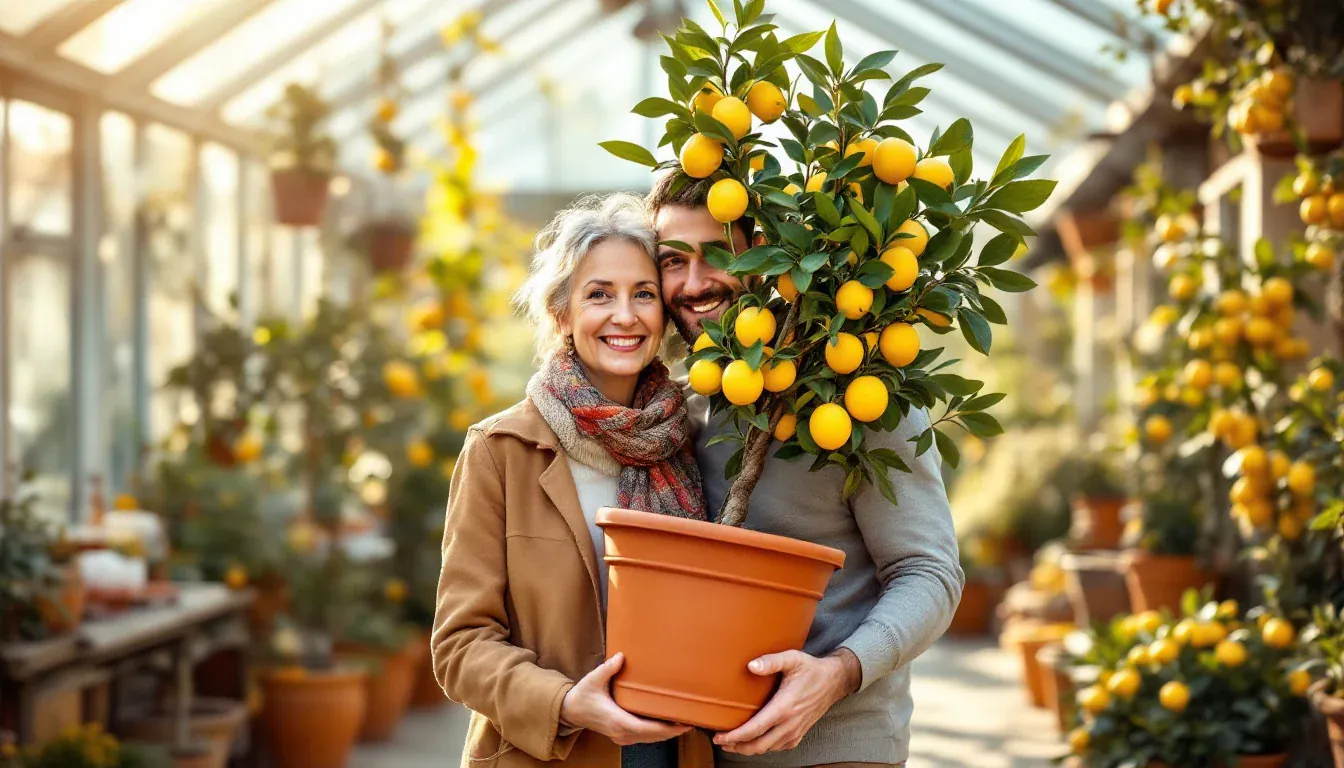 Eine Frau Ende fünfzig und ihr erwachsener Sohn tragen in einer sonnigen Orangerie ein Zitronenbäumchen im Terrakottatopf und lächeln in die Kamera.