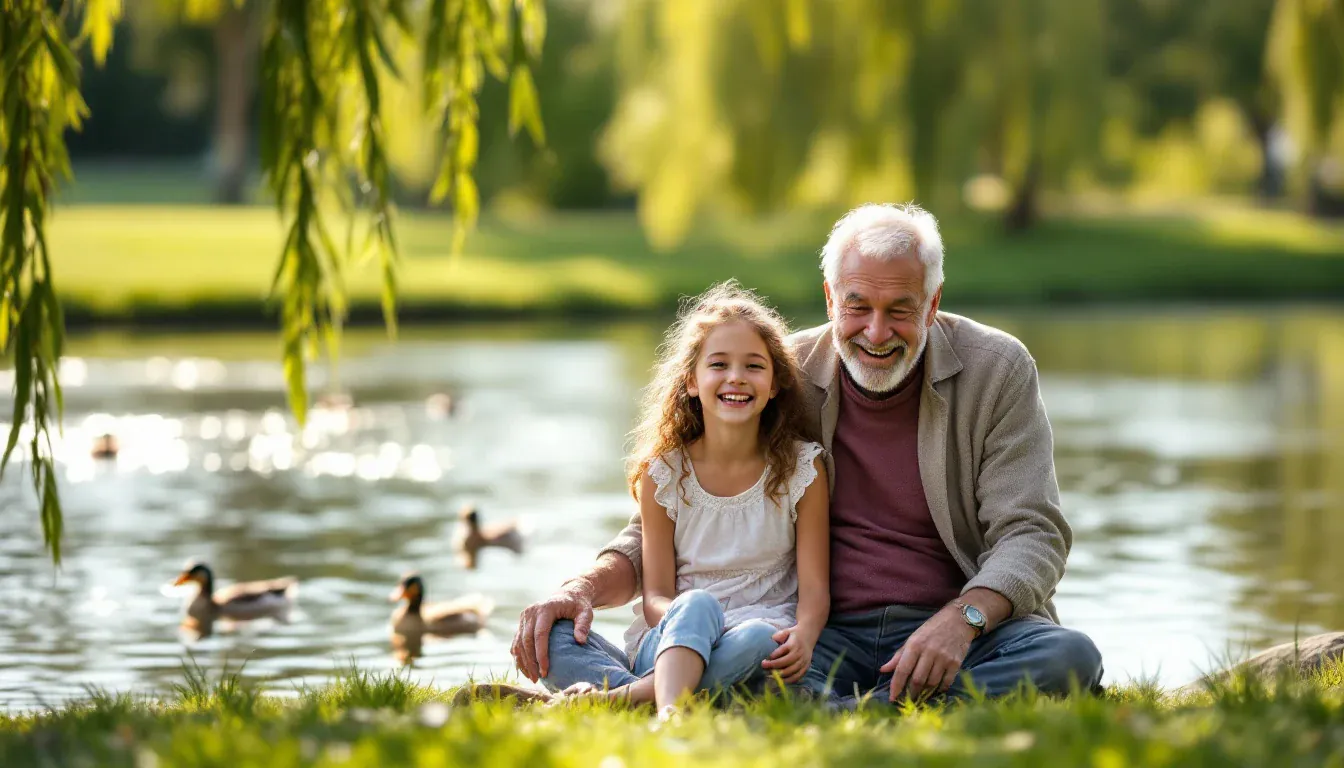 Ein Großvater und seine kleine Enkelin sitzen im Gras am Ufer eines sonnigen Parkteichs, hinter ihnen schwimmen Enten, und beide lachen in die Kamera.