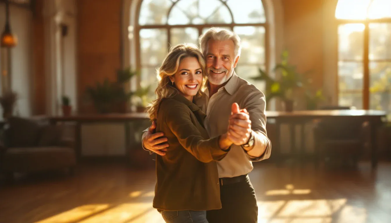 Ein Paar in den Sechzigern tanzt Tango in einem sonnigen Tanzsaal mit hohen Bogenfenstern und lächelt in die Kamera.