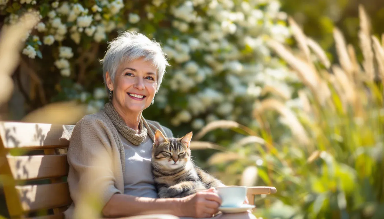 Eine Frau mit kurzen grauen Haaren sitzt mit einer schlafenden Katze auf dem Schoß und einer Tasse Tee auf einer Gartenbank und lächelt in die Kamera.