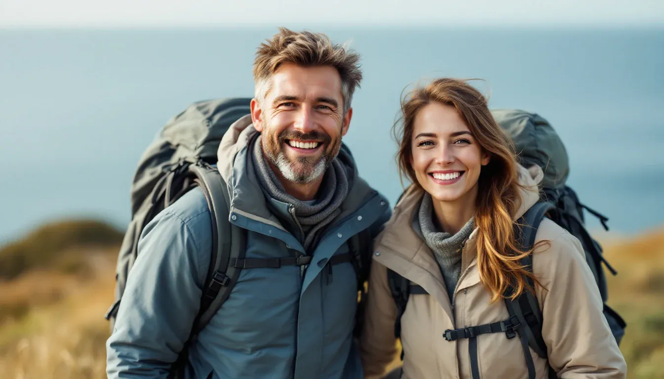 Ein Paar um die vierzig in Outdoorjacken mit Rucksäcken steht auf einem Küstenpfad über dem ruhigen Meer und lächelt in die Kamera.