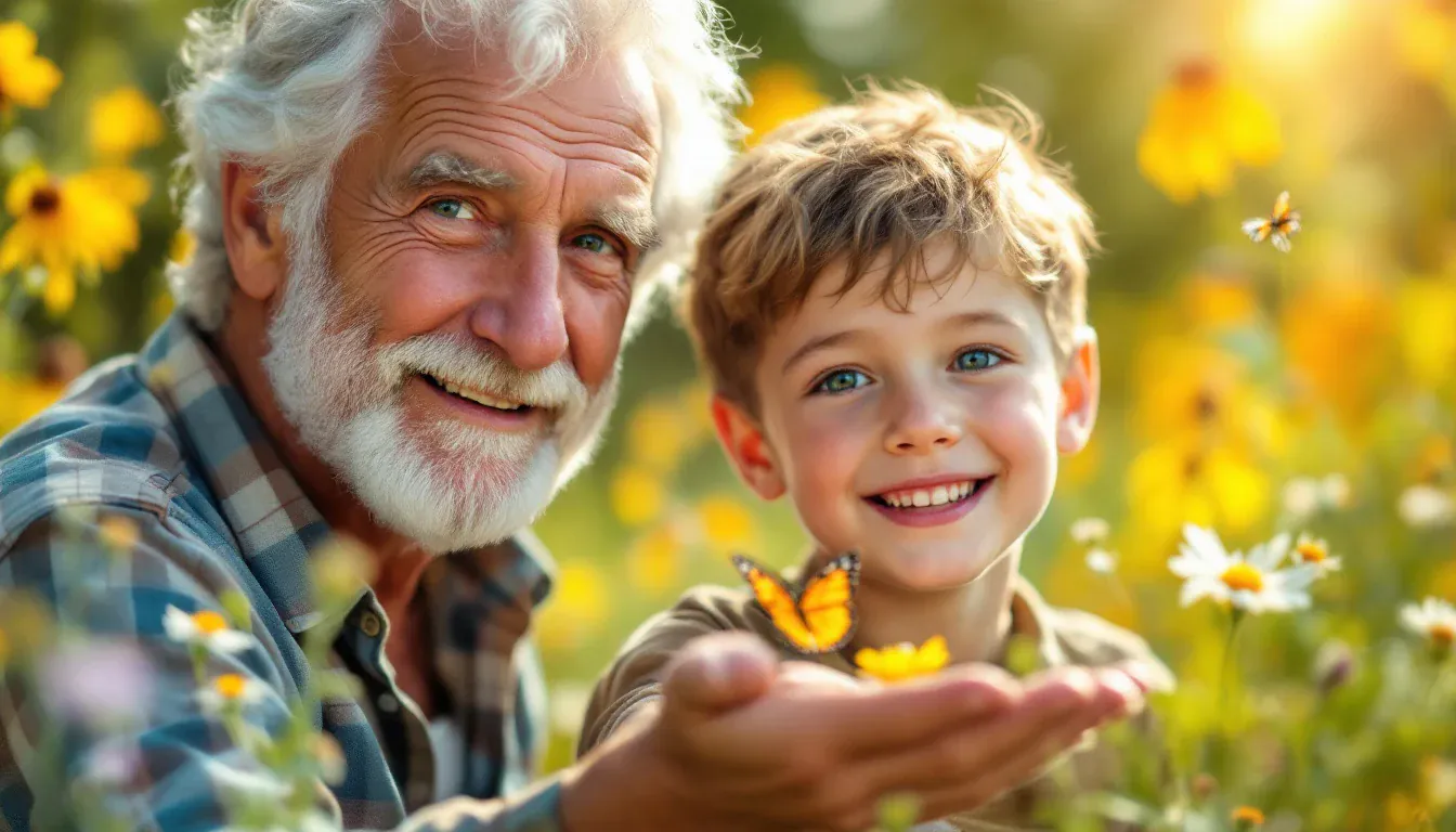 Ein Großvater mit weißem Bart und sein Enkel lächeln auf einer sonnigen Blumenwiese in die Kamera, auf der offenen Hand des Großvaters sitzt ein Schmetterling.