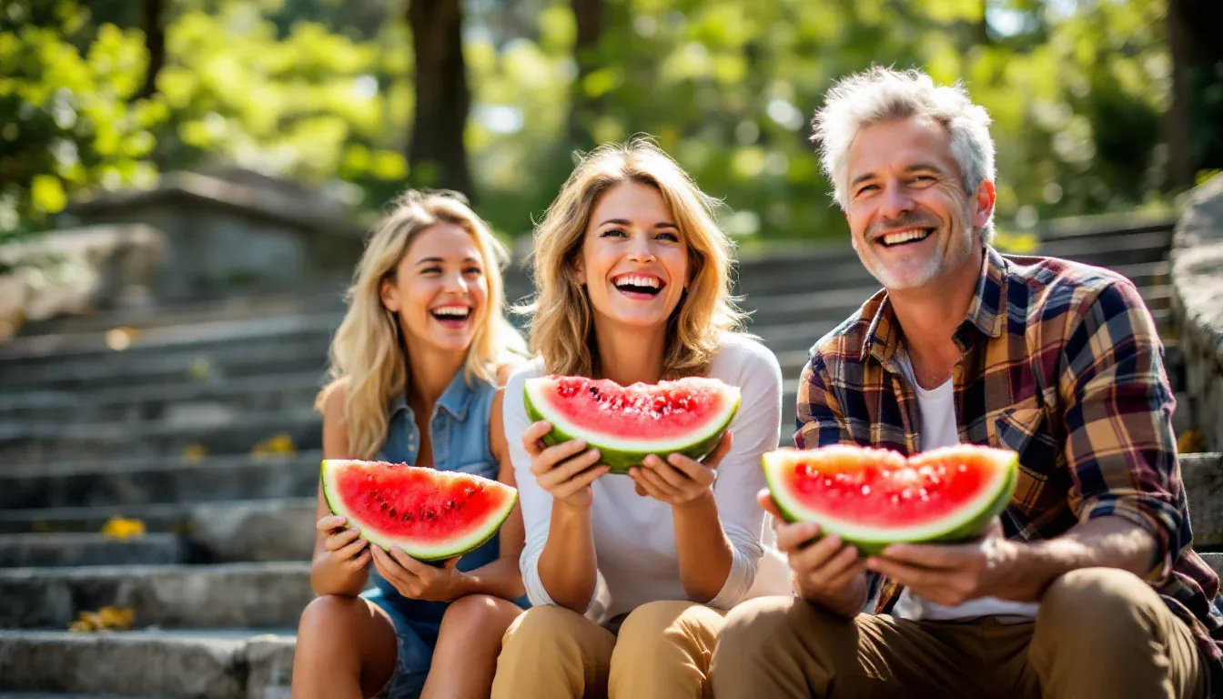 Zwei Frauen und ein Mann sitzen auf sonnigen Steinstufen in einem Park, halten große Wassermelonenscheiben und lachen in die Kamera.