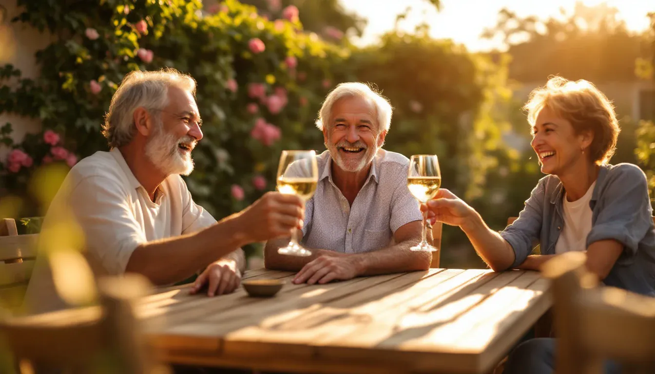 Drei Freunde stoßen an einem Holztisch auf einer sonnigen Gartenterrasse mit Weißwein an und lachen.