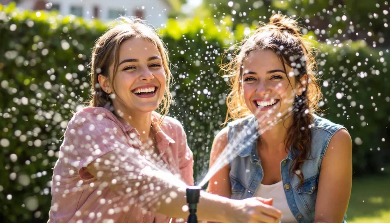 Zwei junge Frauen spielen an einem sonnigen Sommertag im Garten mit einem Rasensprenger, Wassertropfen glitzern um sie herum, und beide lachen in die Kamera.