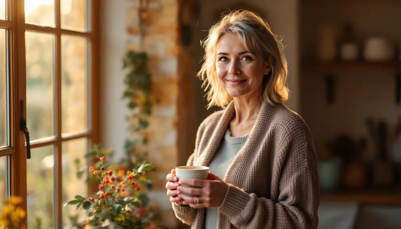 Eine Frau um die fünfzig in einer Strickjacke steht mit einer Teetasse am Fenster einer Bauernhausküche und blickt im warmen Morgenlicht ruhig in die Kamera.