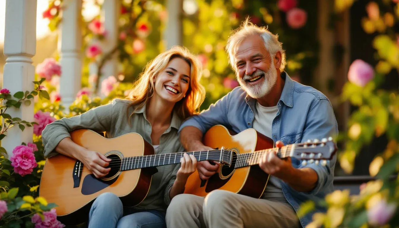 Ein Vater in den Sechzigern und seine erwachsene Tochter sitzen zwischen blühenden Rosen auf einer Veranda, spielen Gitarre und lachen in die Kamera.