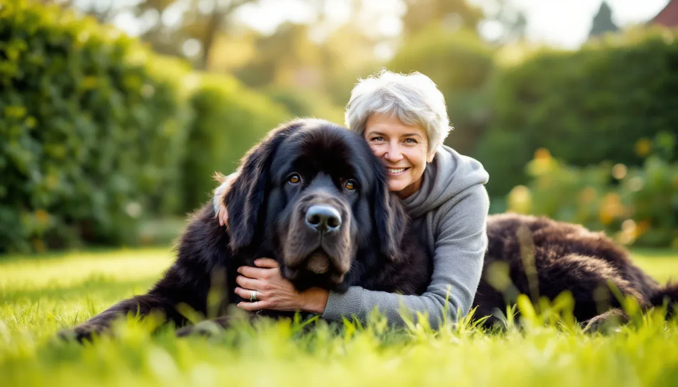 Eine Frau mit kurzen silbernen Haaren liegt im sonnigen Gartengras und umarmt einen großen schwarzen Neufundländer.