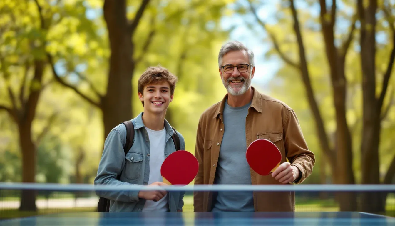 Ein Vater mit Brille und sein jugendlicher Sohn stehen mit roten Schlägern an einer Tischtennisplatte in einem sonnigen Park und lächeln in die Kamera.