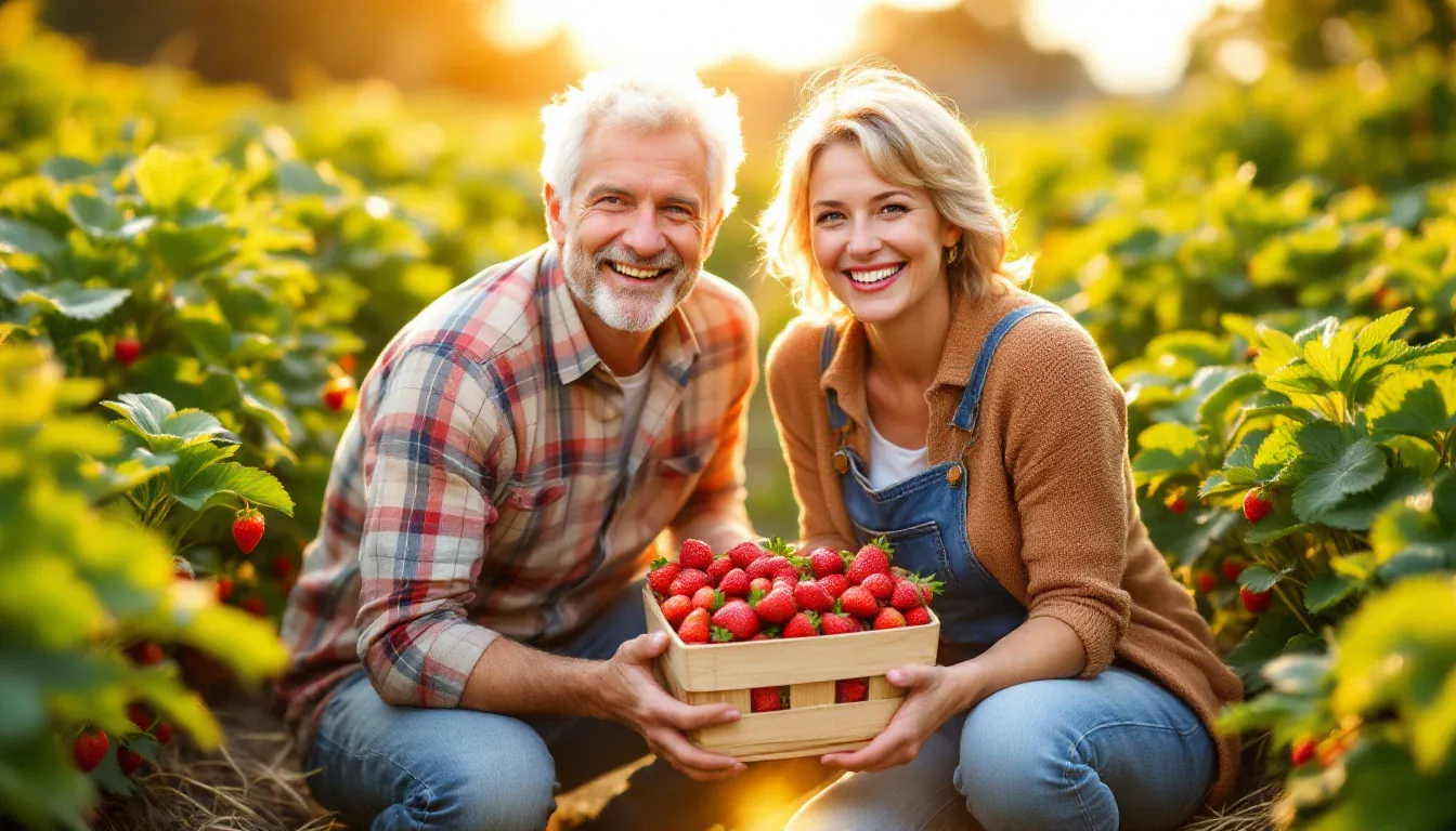 Ein Mann und eine Frau knien in einem sonnigen Erdbeerfeld, halten gemeinsam eine Holzkiste voller Erdbeeren und lachen in die Kamera.