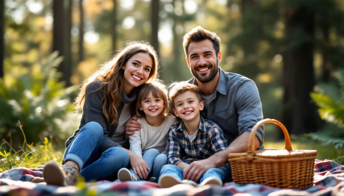 Eine Familie mit zwei Kindern sitzt auf einer karierten Decke auf einer Waldlichtung neben einem Picknickkorb und lächelt in die Kamera.
