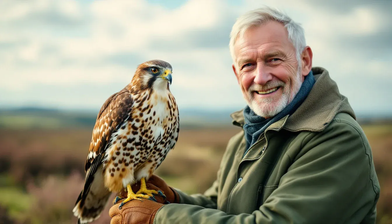 Ein älterer Falkner in grüner Jacke hält auf der Heide einen Greifvogel auf dem Lederhandschuh und lächelt in die Kamera.