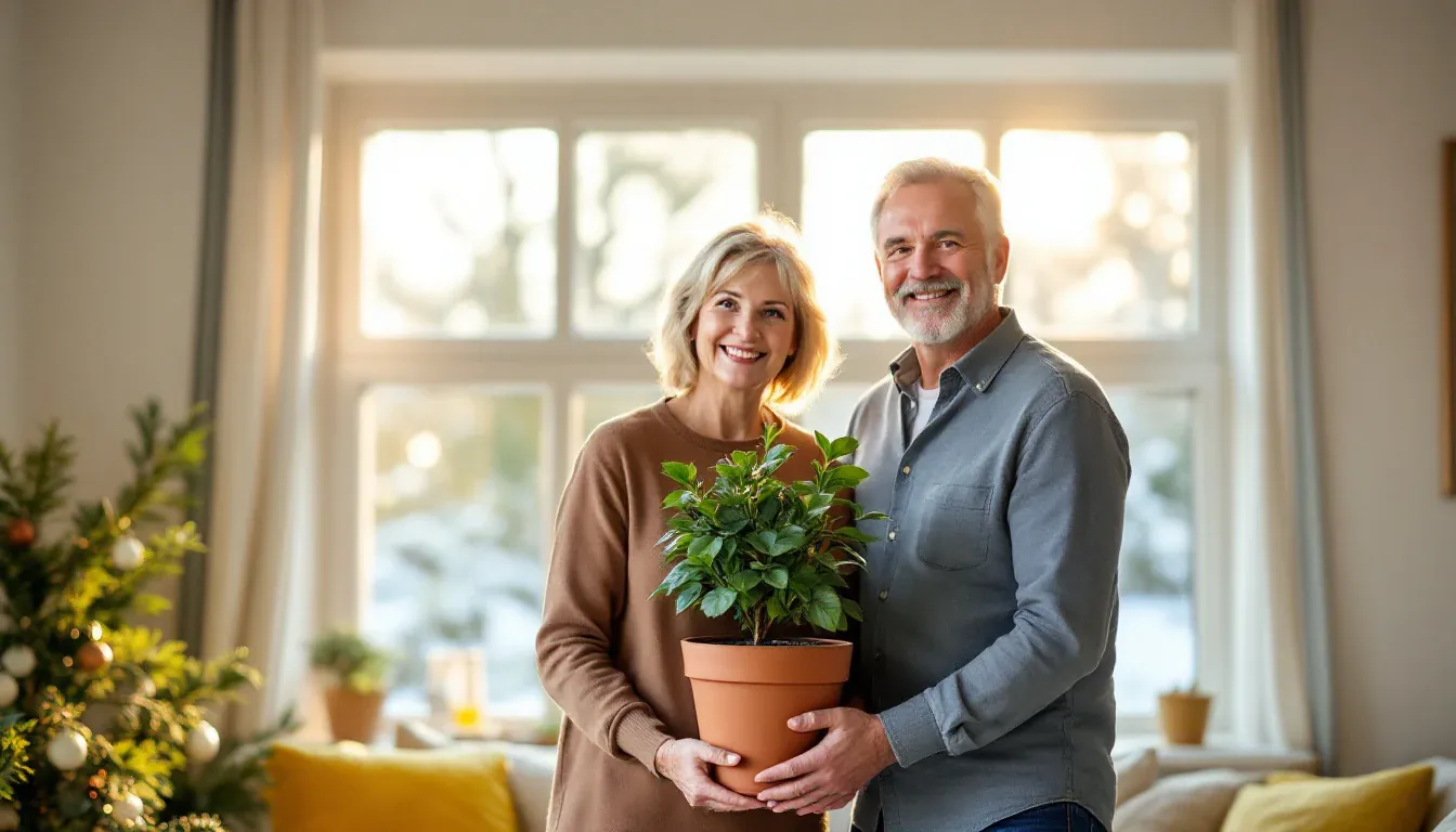 Eine Frau und ein Mann in den Sechzigern stehen in einem hellen, sonnigen Wohnzimmer vor einem großen Fenster, halten gemeinsam eine Topfpflanze und lächeln in die Kamera.