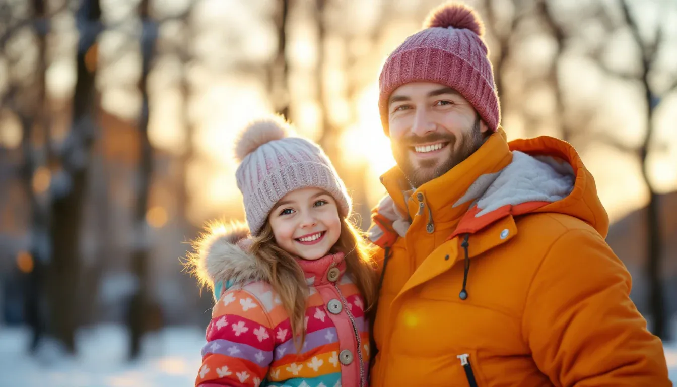 Ein Vater und seine kleine Tochter stehen in dicken Winterjacken in einem verschneiten, sonnigen Park und lächeln in die Kamera.