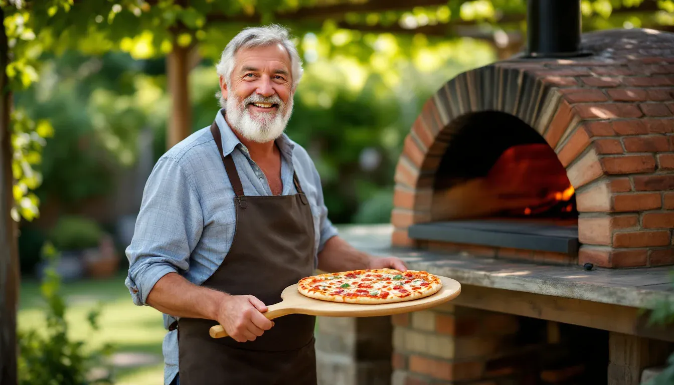 Ein Mann mit weißem Bart steht in seinem sonnigen Garten vor einem gemauerten Holzofen, hält eine frisch gebackene Pizza auf dem Schieber und lächelt in die Kamera.