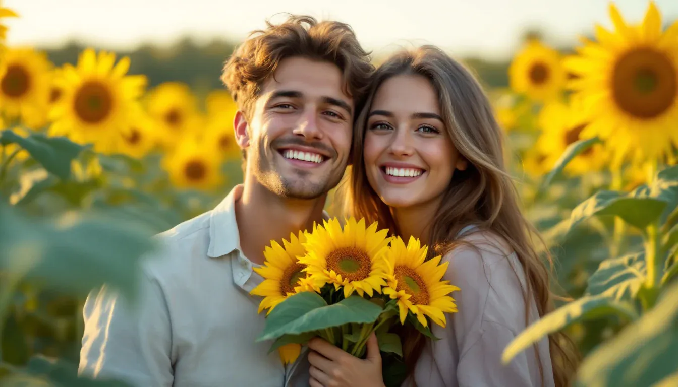 Ein junges Paar steht in einem Sonnenblumenfeld, die Frau hält einen Strauß Sonnenblumen, und beide lachen in die Kamera.