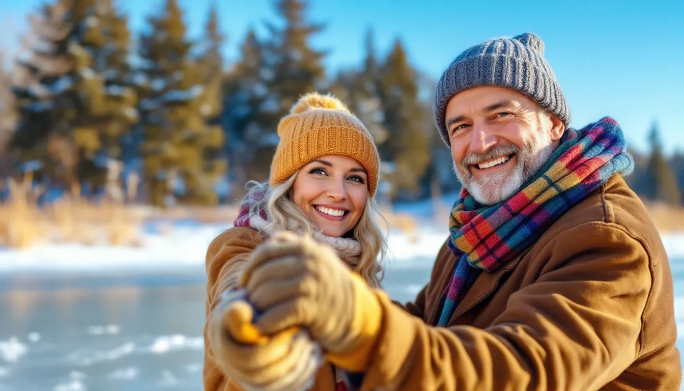 Ein Paar in Winterjacken, Mützen und bunten Schals steht Hand in Hand auf einem zugefrorenen See vor verschneiten Nadelbäumen und lächelt in die Kamera.