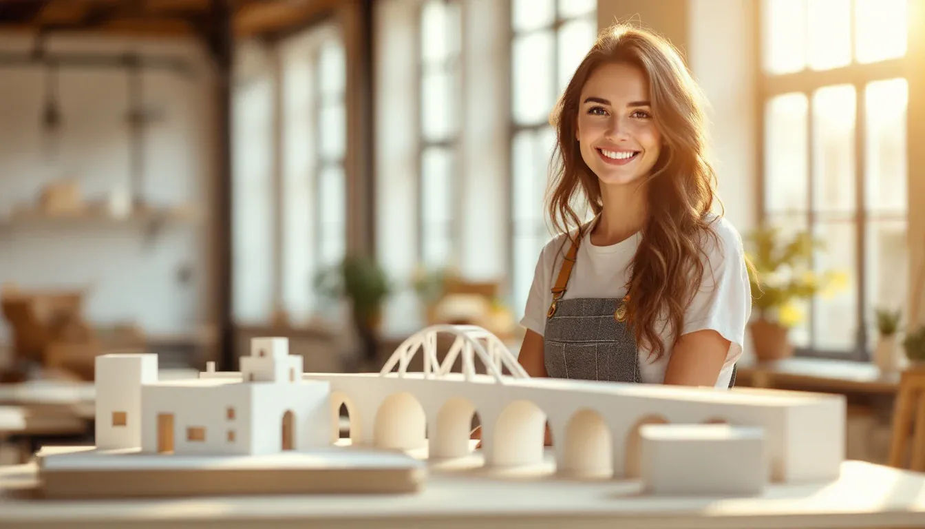 Eine junge Architektin steht in einem hellen Atelier hinter einem weißen Modell mit einer Brücke und kleinen Häusern und lächelt in die Kamera.
