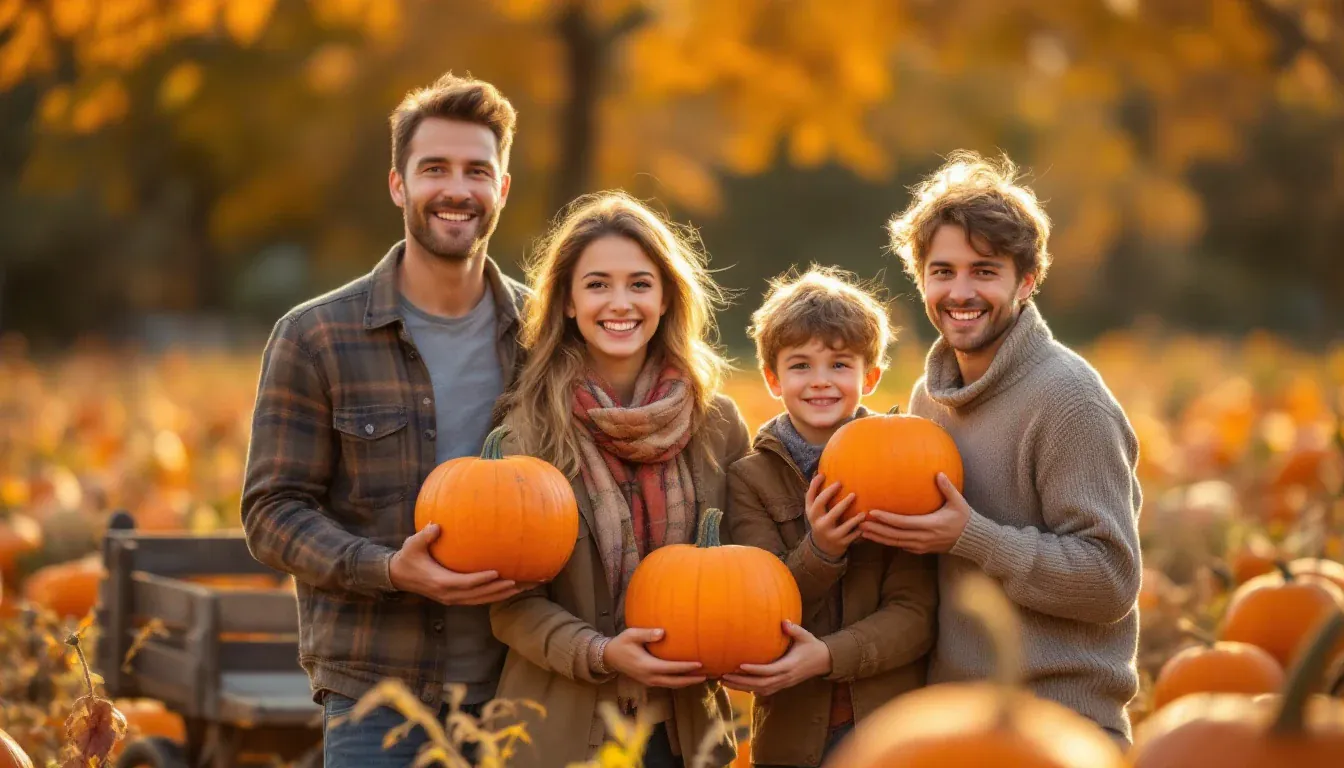 Eine Familie steht an einem sonnigen Herbstnachmittag auf einem Kürbisfeld, hält große orangefarbene Kürbisse im Arm und lacht in die Kamera.