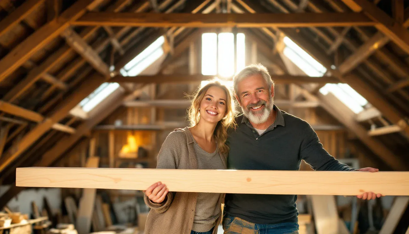 Ein Vater um die sechzig und seine erwachsene Tochter stehen auf dem sonnigen Dachboden einer alten Holzscheune, halten gemeinsam einen frisch geschliffenen Balken und lächeln in die Kamera.