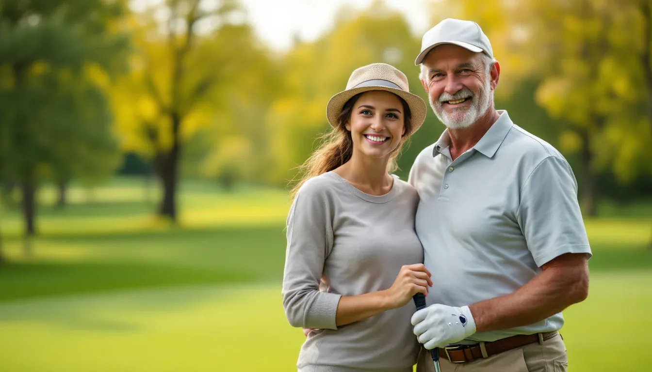 Ein älterer Golfer mit Schirmmütze und seine erwachsene Tochter mit Strohhut stehen auf einem sonnigen Golfplatz und lächeln in die Kamera.