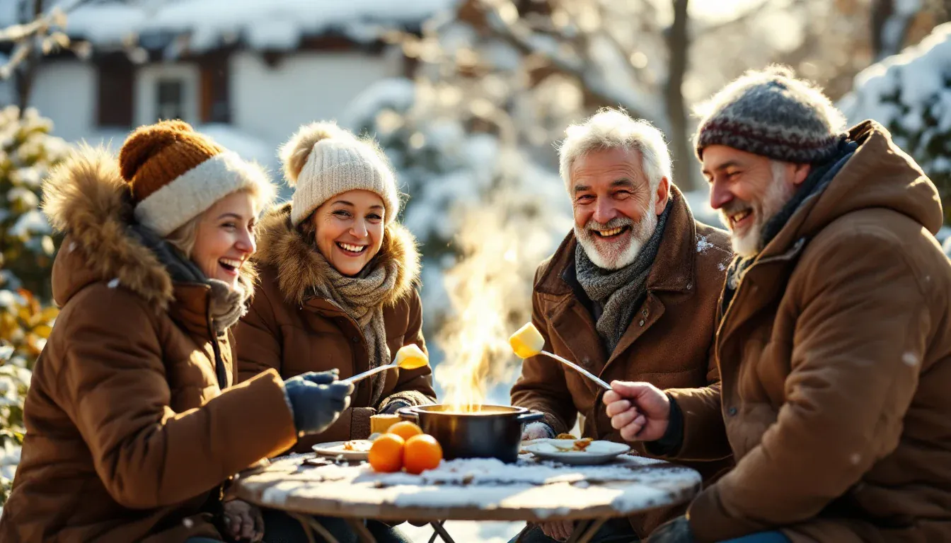 Vier Freunde in Winterjacken sitzen in einem verschneiten, sonnigen Garten an einem kleinen Tisch beim Käsefondue und lachen, zwei von ihnen in die Kamera.