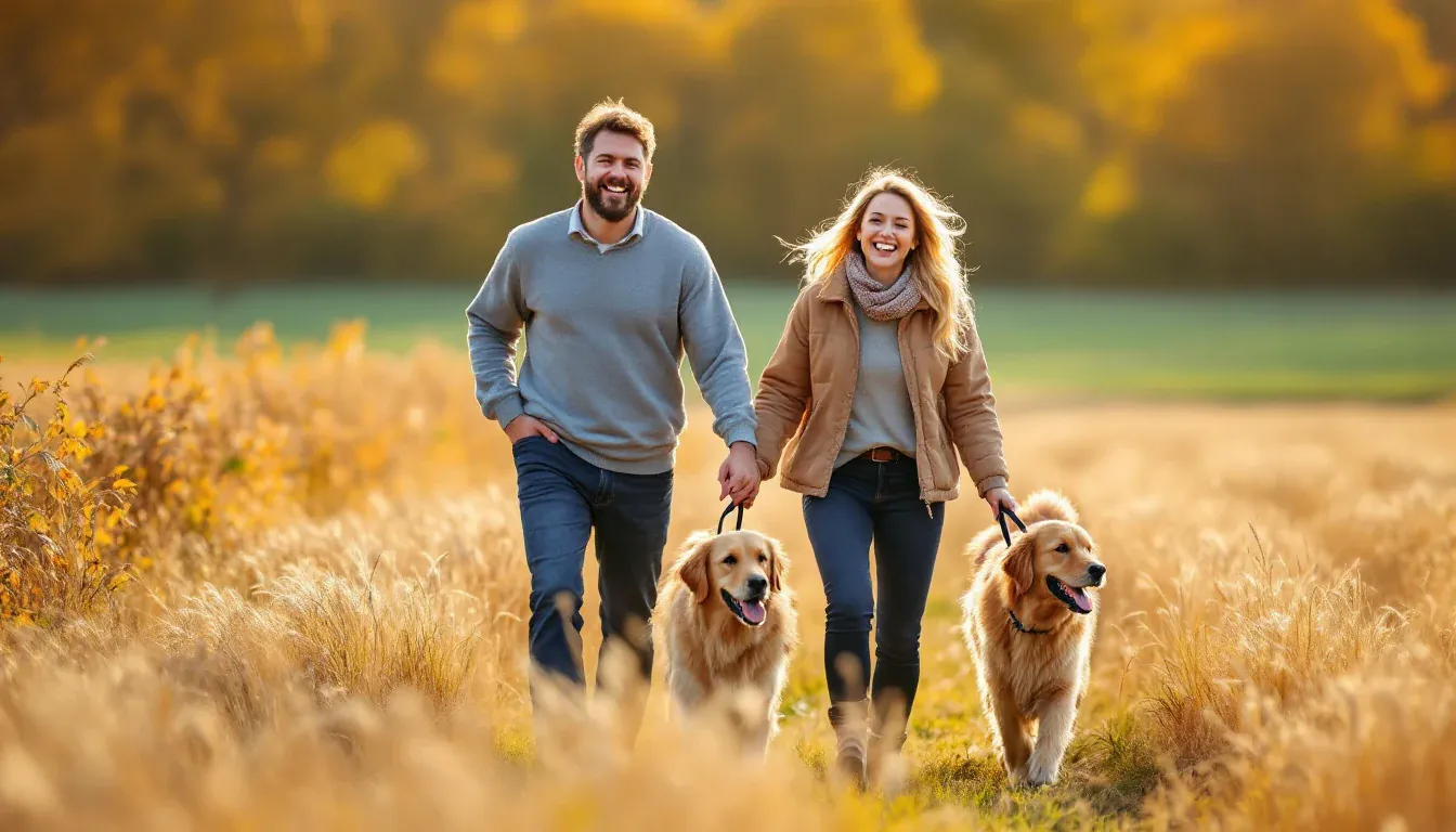 Ein Bruder und eine Schwester um die vierzig gehen mit zwei Golden Retrievern über ein sonniges Stoppelfeld im Herbst und lachen in die Kamera.