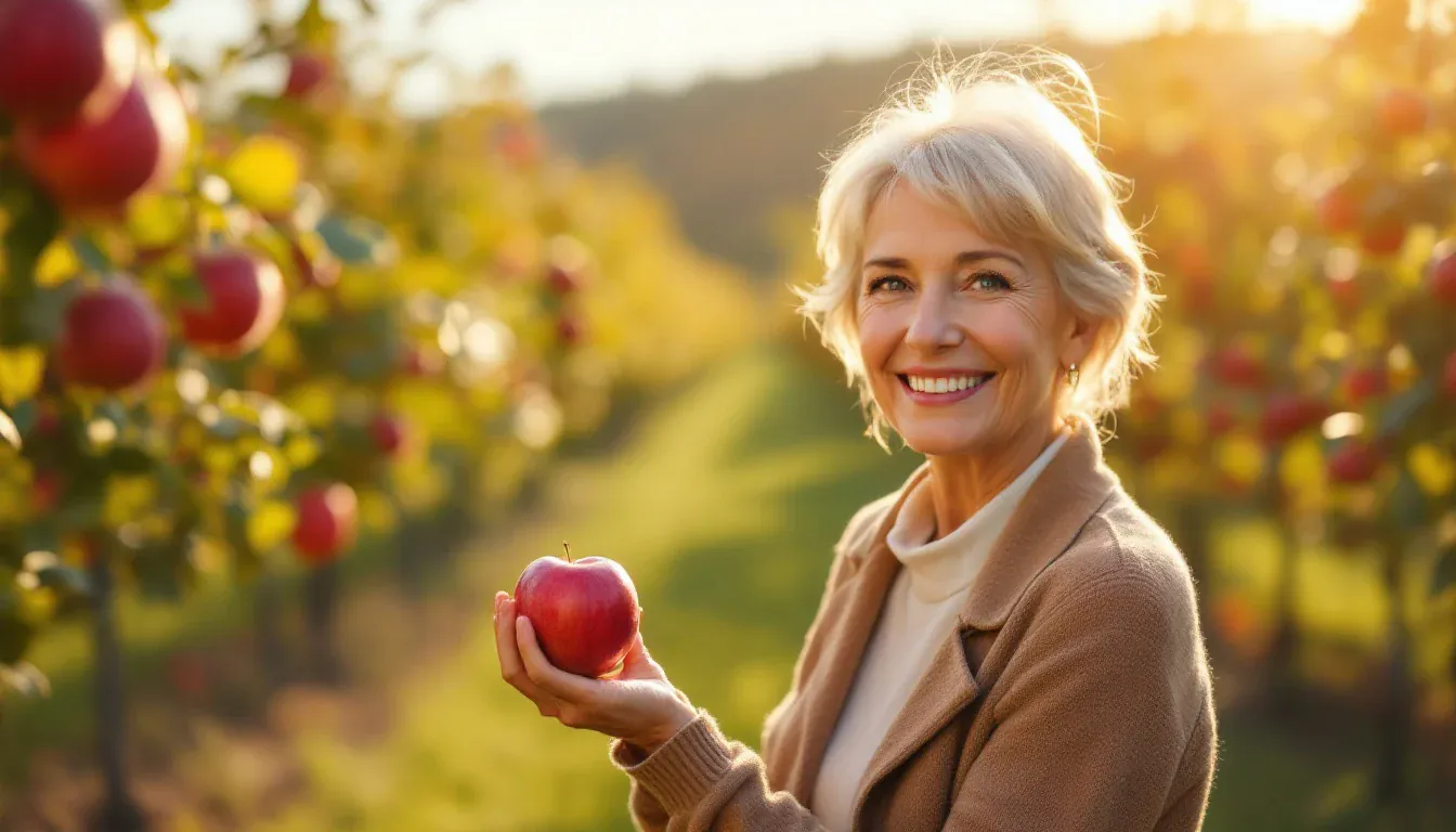Eine Frau um die fünfzig steht in einem sonnigen Apfelgarten, hält einen frisch gepflückten roten Apfel in der Hand und lächelt in die Kamera.