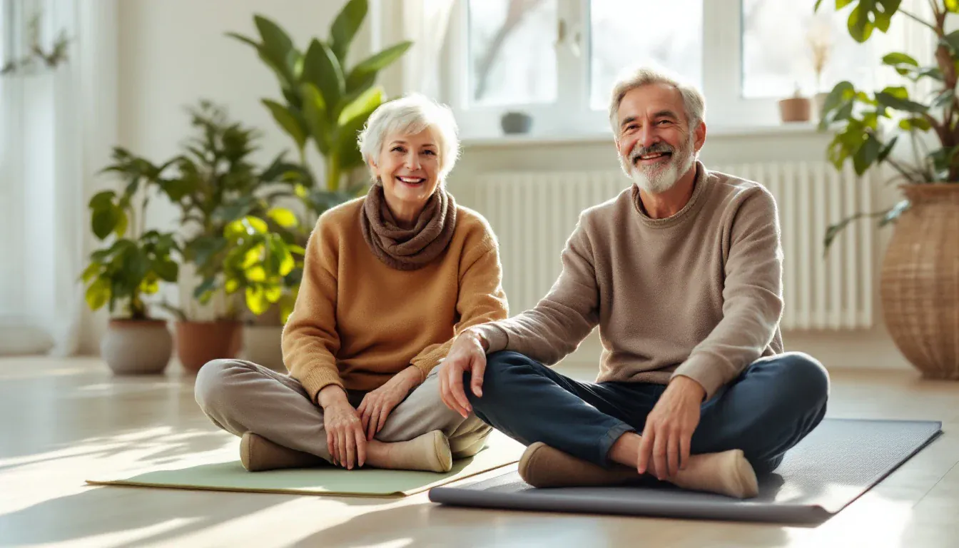 Ein Paar in den Sechzigern sitzt im Schneidersitz auf Yogamatten in einem hellen Wohnzimmer voller Grünpflanzen und lächelt in die Kamera.