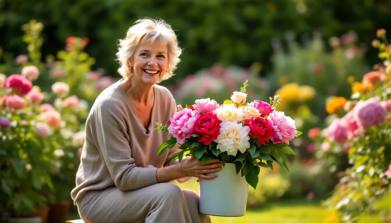 Eine Frau in den Fünfzigern sitzt in einem sonnigen Blumengarten, hält einen Eimer mit frisch geschnittenen Pfingstrosen und Rosen und lächelt in die Kamera.